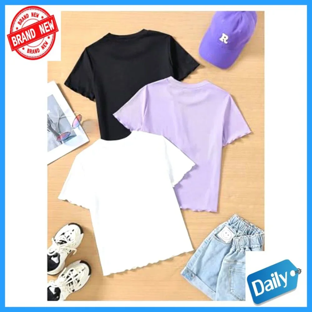 Girls 3-Piece Ribbed Knit Tee Set Short Sleeve Crew Neck Tops